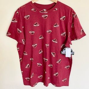 NEW JURASSIC PARK T-SHIRT Dark Heather Red Allover Pattern Movie Logo Men’s L/XL
